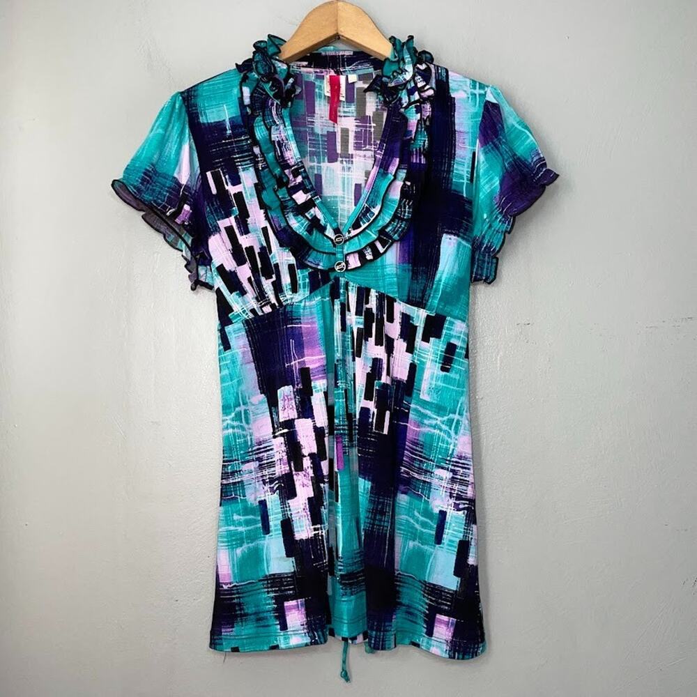 Y2K Babydoll Top Juniors Large Geometric Club Indie Sleaze Tie Back Going Out